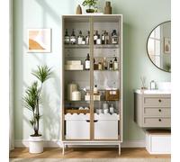 Armario Alto con Puerta de Cristal y MDF, Salón, Blanco y Dorado, 75x35x170.8 cm