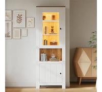Armario alto de 70 x 40 x 188 cm, vitrina de pie con 2 puertas, seis estantes, una pared trasera en imitación de madera natural, estantes ajustables, vitrina de cristal con LED, color blanco + madera
