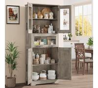 Armario Alto de Cocina, 170 x 30 x 60cm, Alacena de Cocina con Puertas de Cristal y Estantes Ajustables, Mueble Auxiliar De Cocinas Multifuncional para baño, Moderno en Madera Robusta, Gris