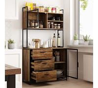 Armario alto de cocina tipo buffet de cocina con 3 cajones y 2 puertas, estilo industrial, estante abierto para microondas, 100 x 40 x 175 cm, madera + hierro