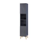 [en.casa] Columna de Baño con 2 Compartimetos Abiertos y Cerrados Armario Alto Mueble Auxiliar Baño con 2 Puertas MDF + Aglomerado Patas de Pino 160 x 30 x 30 cm - Gris y Color Madera