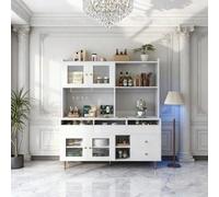 Armario alto para comedor de 145 x 39 x 171 cm con puertas de cristal perforado y estante para copas de vino, espacio de almacenamiento de varios niveles en elegante negro/dorado (blanco)