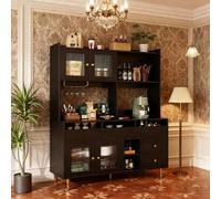 Armario alto para comedor de 145 x 39 x 171 cm con puertas de cristal perforado y estante para copas de vino, almacenamiento de varios niveles en negro y dorado (negro)