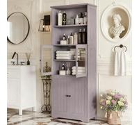 Armario alto para cuarto de baño con cristal y madera frontal - 57,4 x 28,5 x 160 cm - Espacio de almacenamiento con estantes y divisores ajustables