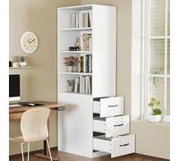 Armario archivador móvil con 3 cajones con cerradura con ruedas, estantes ajustables, para oficina y oficina en casa, 60 x 38 x 180 cm, color blanco + mango negro