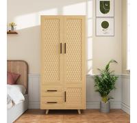 Armario Armario Armario Dormitorio de Ratán, Armarios Cannage de Madera, Armario Vestidor con 2 Puertas y 2 Cajones y 1 Barra de Prenda, Ratán Gabinetes de Almacenamiento Dormitorio Estilo Natural