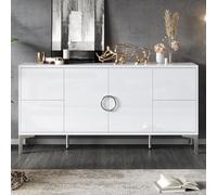 Armario auxiliar, armario de salón con 4 cajones, 2 puertas, armario de comedor, aparador brillante, una cómoda con patas de soporte de metal, taquillas anchas sin asas, color blanco, 150 x 38 x 59,5
