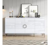 Armario auxiliar, armario de salón con 4 cajones, 2 puertas de armario, armario de comedor, aparador brillante, una cómoda con patas de soporte de metal, taquillas anchas sin asas, color blanco, MDF