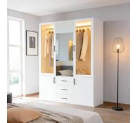 Armario blanco con LED y espejo, Armario para dormitorio de adultos con 2 puertas de vidrio y 3 cajones, Armarios multifuncionales con barra para colgar ropa, mueble de almacenamiento (Blanco-3