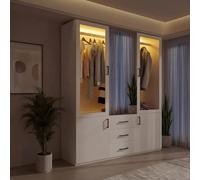 Armario blanco con puertas giratorias de 2 puertas con espejo y 3 cajones, armario de almacenamiento con barra para colgar, armario multiusos para dormitorio (130 x 52 x 180 cm+cristal)