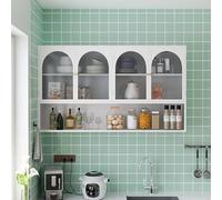 Armario blanco de pared de 120 cm con 4 puertas de cristal, espacio de almacenamiento abierto, perfecto para cocina, sala de estar o baño, decoración y estilo