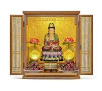 Armario budista montado en la pared con puertas de celosía plegables y bandeja extraíble oculta para exhibición de estatuas de Pooja, elegante diseño de fondo dorado