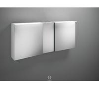 armario con espejo Badu de burgbad con luz LED superior, 3 puertas, puerta central abatible a la izquierda, anchura 1500mm, SFTZ150LF3689G0196, Color: Blanco mate / Blanco mate, tira de asas anodizado