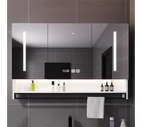 Armario con espejo de baño con luz LED sin niebla con marco de madera, diseño rectangular montado en la pared para una solución de almacenamiento elegante