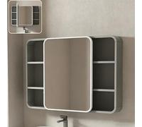 Armario con Espejo de Baño Esquinas Redondeadas, Gabinete de Pared de Aluminio con Estante Abierto, Espejo de Almacenamiento Colgante para Aseo, Ahorro de Espacio.(Gray,90 x 11 x 65 cm)