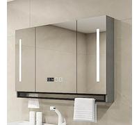Armario con espejo de baño LED con 3 puertas montado en la pared, espejo iluminado regulable y antivaho acabado gris, 100 x 12 x 75 cm, diseño elegante y funcional para baños modernos