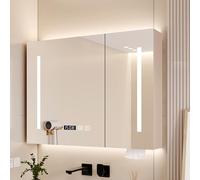 Armario con espejo de baño LED con almacenamiento de madera con función antivaho, diseño inteligente iluminado para mejorar la iluminación y estilo, ideal para baños modernos