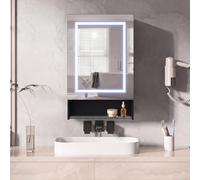 Armario con espejo para baño con iluminación, 50 x 88 x 16 cm, armario de baño con regleta, 3 temperaturas de color regulable, función de deshumidificación, sensor táctil, estantes ajustables, color