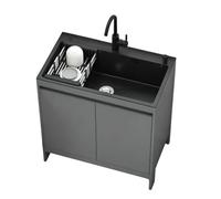 Armario con Fregadero Independiente de Acero Inoxidable para Cocina y Garaje, Fregadero de Servicio con Cesta Extraíble, Grifo de Agua Fría/Caliente y Dispensador de Jabón, para Uso Comercial