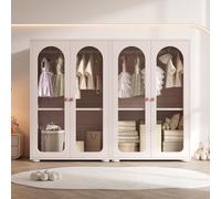 Armario de 2 puertas, armario lacado, armario de dormitorio, armario de almacenamiento para niños, con barra para colgar, puertas transparentes acrílicas, tiradores de cerámica, color rosa bebé, juego