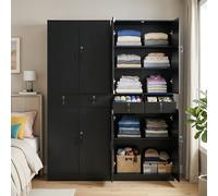 Armario de 200 cm de alto, juego de 2 unidades, armario grande con 4 puertas, 2 cajones, 3 estantes ajustables, cerradura, armario multiusos de madera para dormitorio, pasillo, salón, negro, 78 x 40 x