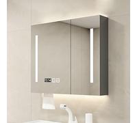 Armario de almacenamiento de baño con espejo e iluminación LED, tecnología inteligente antivaho, brillo ajustable, color gris, moderno gabinete de tocador de baño con diseño que ahorra espacio.