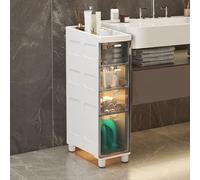 Armario de almacenamiento de baño para papel higiénico, armario estrecho de piso alto con cajones de plástico transparente, 7 y 9 pulgadas de ancho, 3 niveles rodantes, 22 cm de alto, gris