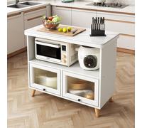 Armario de almacenamiento de cocina con encimera de losa de piedra, aparador buffet con puertas de vidrio a rayas, armario de licor y acento, estación de café y soporte para microondas