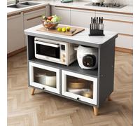 Armario de almacenamiento de cocina con encimera de losa de piedra, aparador buffet con puertas de vidrio a rayas, armario de licor y acento, estación de café y soporte para microondas