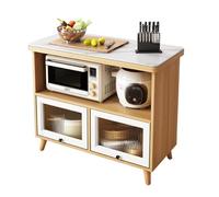 Armario de almacenamiento de cocina con encimera de losa de piedra, aparador buffet con puertas de vidrio a rayas, armario de licor y acento, estación de café y soporte para microondas