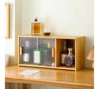 Armario de almacenamiento de escritorio de bambú con puertas correderas acrílicas, parte superior de madera para oficina y cafetería, elegante diseño estriado, 67 x 28 x 34 cm