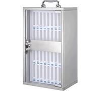 Armario de almacenamiento de pared de acero inoxidable para teléfonos móviles, diseño transparente, asa portátil, cerradura de llave y etiquetas escritas a mano, 36 ranuras