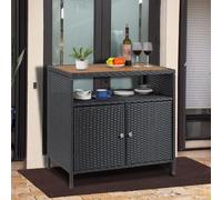 Armario De Almacenamiento Exterior De Ratán Con 2 Puertas y Estante Abierto, Mueble De Exterior Con Encimera De Madera, Aparador De Mimbre Resistente a La Intemperie Para Patio y Jardín 90x53x85cm