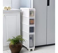 Armario de almacenamiento vertical con 4 cajones transparentes y ruedas, torre nizer delgada para espacios pequeños, carrito independiente con cajones (14 cm/22 cm de ancho)