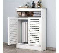 Armario de baño blanco con rejilla y 2 puertas, cubierta decorativa para radiador, listones verticales, organizador de almacenamiento de enrutador WiFi grande (35.4 pulgadas de largo x 35.4 pulgadas