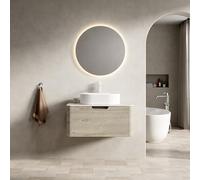 Armario de baño colgante de 80 cm con lavabo de cerámica ovalada, lavabo con panel de piedra sinterizada travertino, frente curvado y cajón de cierre amortiguado, premontado, mueble de sala