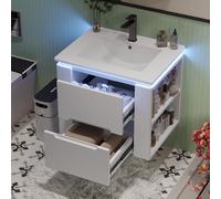Armario de baño colgante de pared, lacado completo, iluminación LED con sensor de radar, dos cajones, rieles deslizantes silenciosos, dos estantes laterales, lavabo, lavabo integrado (blanco, 61 x 46