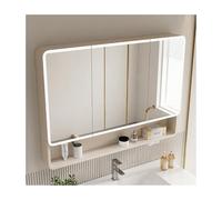 Armario de baño con espejo de pared con luces regulables, marco de metal, almacenamiento oculto, fácil instalación, color blanco roto (90 x 88 x 13 cm), elegante y funcional