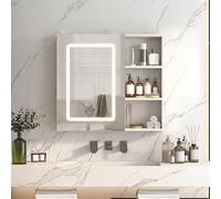 Armario de baño con iluminación LED, armario de baño con 3 colores de luz, espejo de baño con almacenamiento y 1 puerta de espejo con estante de 60 x 15 x 60 cm (puerta simple, blanco-1)