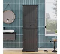 Armario de baño de 56 x 28 x 167,3 cm, con acabado lacado resistente a la humedad, armarios superiores e inferiores + cajón central, estantes ajustables, asas negras, color negro.