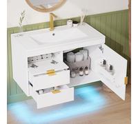 Armario de baño de 76 cm con lavabo, lavabo colgante de pared con LED y aplicación, grano de madera blanca, cierre suave, sin grifo