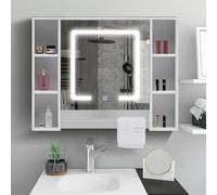 Armario de Baño espejo con luz LED y toallero 6 almacenamiento abierto, armario de almacenamiento montado en la pared, gabinete de pared de 1 puerta con estantes ajustables, muebles de baño y ducha