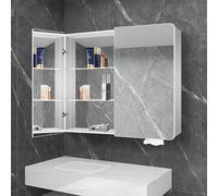 Armario de baño grande negro con espejo ancho montado en la pared con 2 puertas para montaje en superficie o empotrado, 70 x 80 x 13 cm