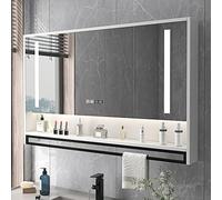 Armario de baño iluminado con espejo LED con almacenamiento, botón antivaho, elegante espejo de maquillaje, diseño blanco moderno, perfecto para organizar los elementos esenciales (90 x 12 x 75