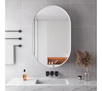 Armario de baño montado en la pared con marco de metal, estantes ajustables, espejo negro, diseño curvado, solución de almacenamiento que ahorra espacio para baños elegantes