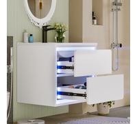 Armario de baño montado en la pared de 60 x 46 x 50 cm con luz LED con sensor de radar, dos cajones de deslizamiento silencioso, fregadero integrado, diseño moderno, ahorro de espacio, solución de