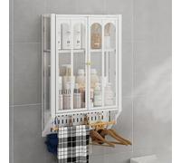 Armario de baño montado en la pared, elegante almacenamiento sobre el inodoro negro con 2 puertas y barra para colgar, solución de ahorro de espacio para baños pequeños y lavandería, fácil instalación