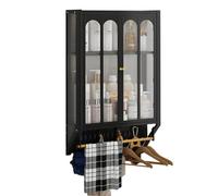 Armario de baño negro montado en la pared con 2 puertas y barra para colgar, ahorro de espacio, almacenamiento sobre el inodoro para baños pequeños y lavandería, solución de fácil instalación y