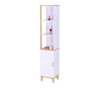 Armario de baño Relaxdays con Puerta, HBT: 169 x 33 x 31 cm, 5 estantes, bambú, MDF, Alto, Estrecho, Blanco/Natural