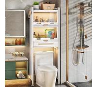 Armario de baño sobre inodoro con puerta acrílica y cajones, color blanco, 70 cm, ahorro de espacio sobre el estante de almacenamiento del inodoro